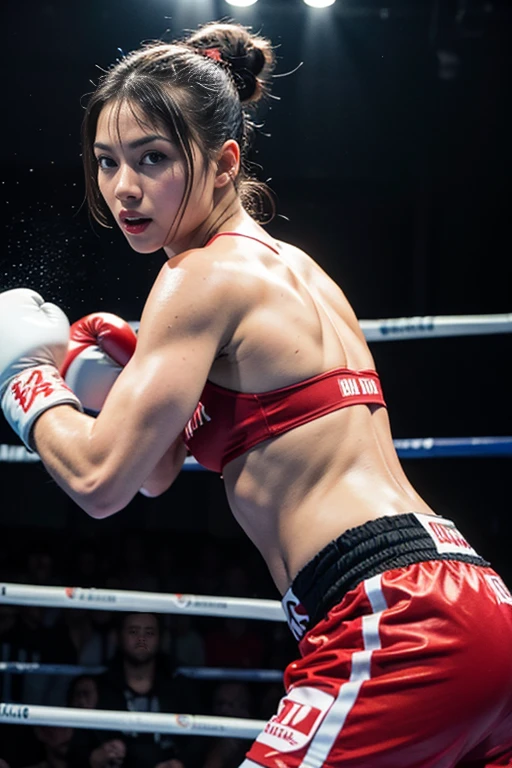 60 year old woman, beautiful, wearing a red sports bra and white shorts, sweaty, in a boxing ring, fighting an 18 year old girl, realistic 