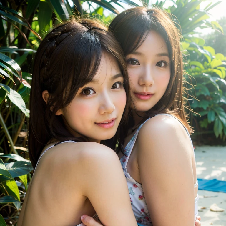 two asian women sitting on a wicker chair in a garden, ayami kojima and lyde caldwell, yoshitomo nara and aya takano, two japanese schoolgirls posing, young gravure idol, realistic young gravure idol, young pretty gravure idol, bikini, beautiful japanese girls face, huang yuxing and aya takano, close up iwakura lain