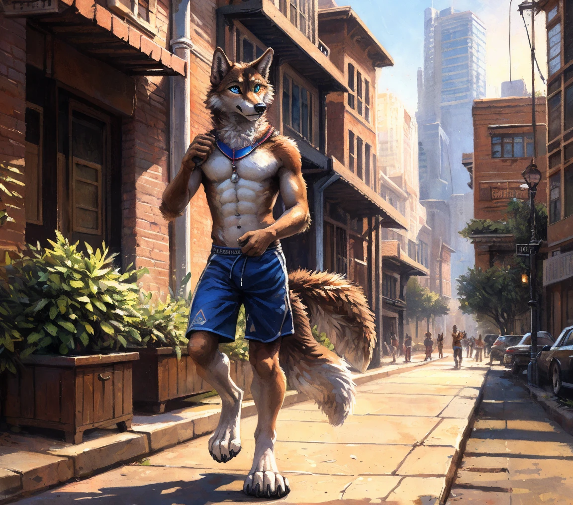 (by rukis, by blotch, by personalami, by honovy, by zackary911), male, solo, safe, (bandit heeler), australian cattle dog, canid, clothed, topless, jeans, blue body, blue fur, yellow fur, tail, paws, claws, standing, happy trail, tokyo, street, akihabara, neon lights, yellow chest