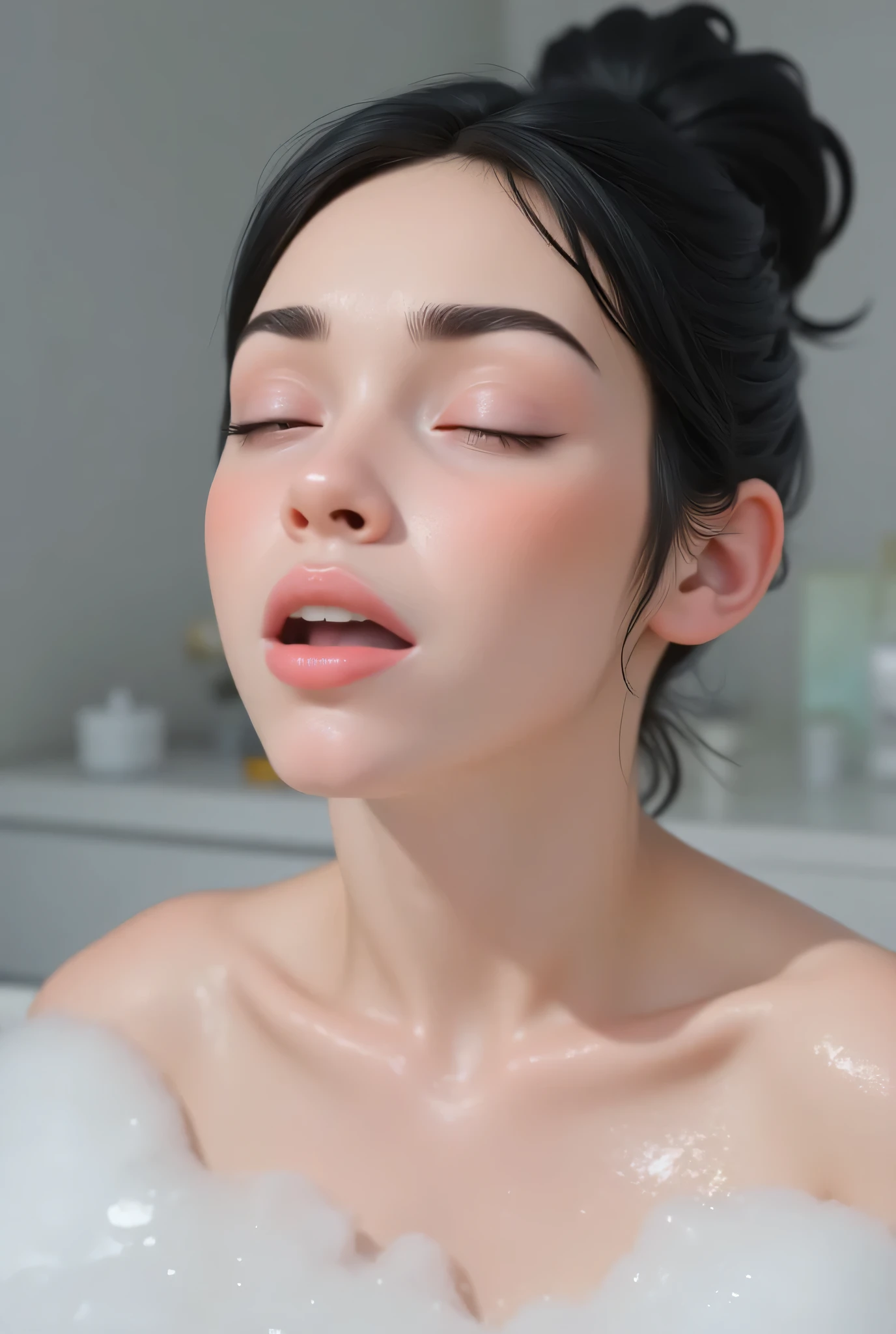 Cum in mouth The facial reaction is very gloomy and sad, CREATE ANIME CARTOON 3D PHOTO, "A highly realistic, ultra-detailed portrait of a woman relaxing in a bubble bath, captured in the best settings of a SONY A7R with a fast prime lens (f/1.8). The scene features a minimalist bathroom with soft, natural lighting, emphasizing the subject's smooth skin, delicate facial features, and the dynamic texture of the foam. Hyper-detailed textures, cinematic lighting, and a sharp focus create an immersive depth. 32K resolution, photorealistic rendering, skin pores and water droplets visible, ultra-sharp image, professional photography style." Wajah KELIHATAN muram Dan sedih, chubby cheeks, Bun Bun Hairstyles.