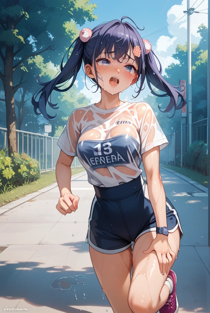 Videl,Saw 2,Low twin tails,White T-shirt,badge, bicycle_Shorts,Green running shoes,blue eyes,Gloomy face,forest,rain,fog,cloudy,Open your mouth a little,Large Breasts,From afar,Wet,walk,