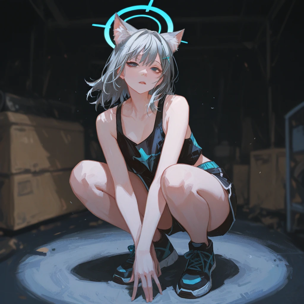 score_9, score_8_up, score_7_up, score_6_up, score_5_up, score_4_up, source_anime, screenshots, 
shiroko-gym, shiroko \(blue archive\),blue eyes,grey hair,hairclip,animal ears,halo,track jacket,buruma,white socks,sneakers,
 Erotic、Rub your left breast with your left hand、Touching pussy with right hand、Completely naked、Spread your legs、Embarrassed、Stick out your tongue a little