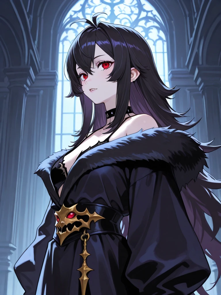 (Confused, high resolution, very detailed), 1 woman, black hair,long hair,Crimson eyes,Blue and black battle clothes,24th generation,beauty,mature,thin,quiet,careful,small smile,Long cloak,Slender and thin,skinny pants,grassland,hill,huge_breasts, purple eyes, Eye shape precisely