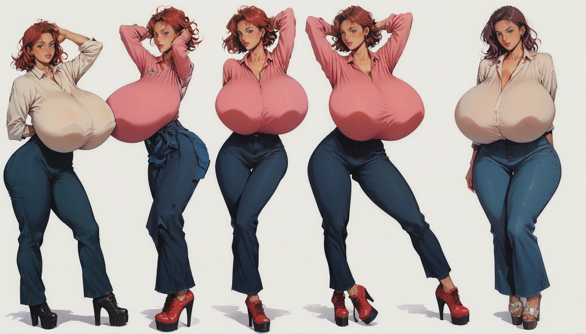 Mature woman, Irish woman with freckles, white skin tone, high cheekbones, middle-parted hair, cut hair, red hair, mid-length hair, big lips, glossy pink lips, tall, curvaceous, wide hips, massive breasts, huge ass, pink polo, pants, platform shoes, hoop earrings, hip dips, slim thick, HyperSag, huge breasts, gigantic breasts, modeling, lips bimbo,score_9, score_8_up, score_7_up, score_6_up, score_5_up, score_4_up, 1 woman, {{{Masterpiece}}, {{{Hyper Detailed}}}, {{{best quality}}},score_9, score_8_up, score_7_up, score_6_up, score_5_up, score_4_up, 1 woman, (huge breasts: 1.4), {{{Masterpiece}}, {{{Hyper Detailed}}}, {{{best quality}}},