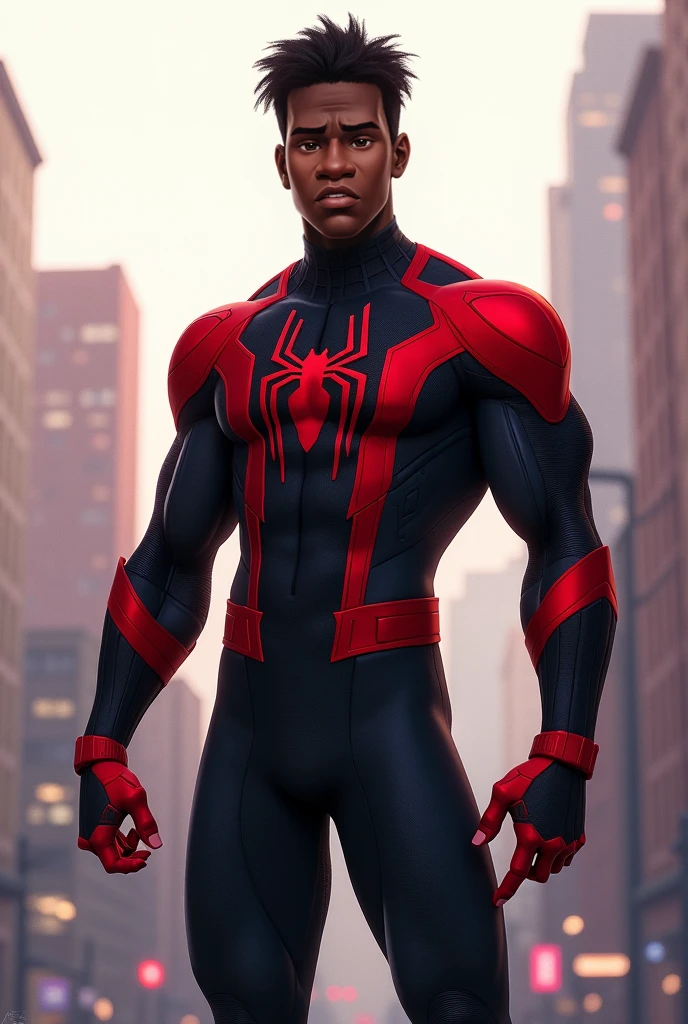black man, Official art, 8k unified wallpaper, super detailed, beautiful and beautiful, beautiful, masterpiece, best quality, original, masterpiece, super thin photo, best quality, super high resolution, realistic realism, sunlight, full body portrait, amazing beauty, dynamic pose, delicate face, vibrant eyes, (from the front), He wears Spider-Man suit, red and black color scheme,  spider, very detailed city roof background, roof, with city view, detailed face, detailed complex busy background, messy, beautiful, milky white, highly detailed skin, realistic skin details, visible pores, clear focus, volumetric mist, 8k uhd, DSLR, high quality, film grain, light skin, photographic realism, lomography, futuristic dystopian megalopolis, translucent