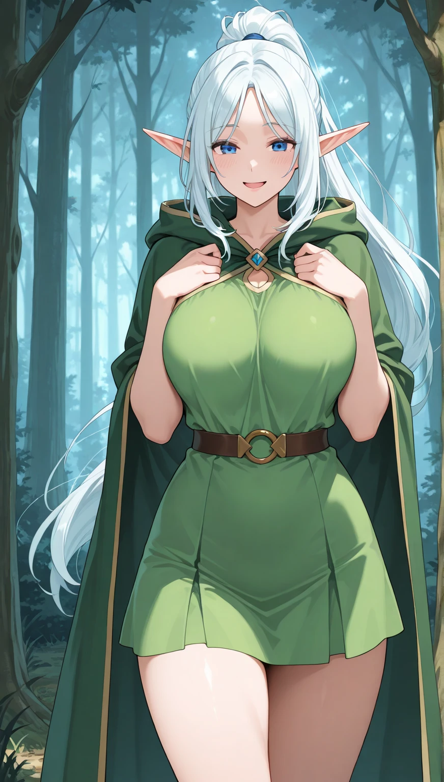 milf, 30 years old, (highres, masterpiece:1.2), white hair, robe, grey robe, huge breasts, thick thighs, standing, pelvic curtain, thighhighs, v-neck, strapless dress, blue eyes, smile, long hair, layered dress, elaborate clothing, ponytail, snow, forest in background, green dress