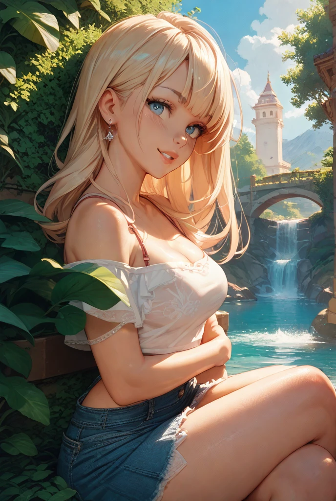 naked, nude, vagina, lolita, outside, (((small breasts))), fifteen years old, open mouth, happy, smiling, sunny, happy, bright sunlight, grass, hair ornament, blonde hair, green hairstreak, from below, masterpiece, best quality
