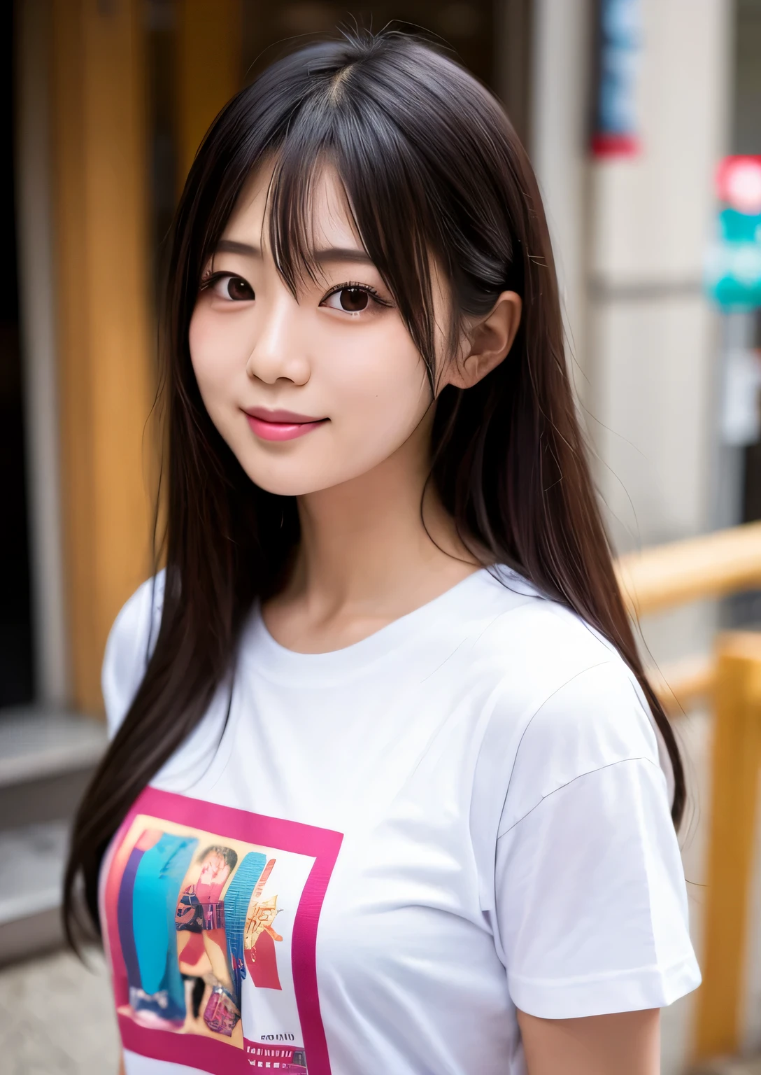 (masterpiece:1.2,Highest quality),Blur the background,One high school girl,((Ｔshirt)),(Big Breasts),((Sculpture Pose)),((Beautiful and beautiful eyes)),Blushed,Healthy Skin,Observe the audience,(smile),(Date in the downtown area),8K resolution