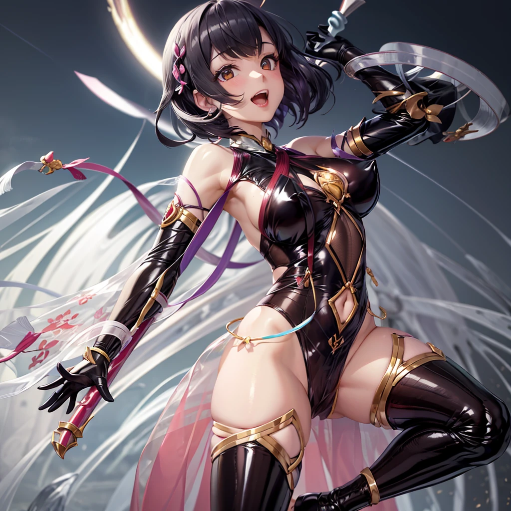 masterpiece, best quality, detailed, silver eyes, messy black hair,black ponytail hair, standing, black choker, medium breasts, black bikini armor, light smile,bare shoulders, violet,gold and black armor variation color,looking at viewer, full body, navel exposed, black garter belt, shade background, vanilla skin, thigh bodysuit, thin leg, black breast tattoo, black knight sexy