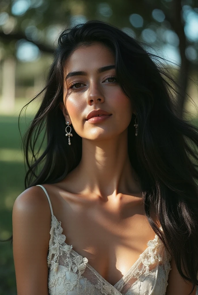 Beast quality picture of a girl with emerald green eyes with a fox type of beauty and has long deep black hair wearing white dress