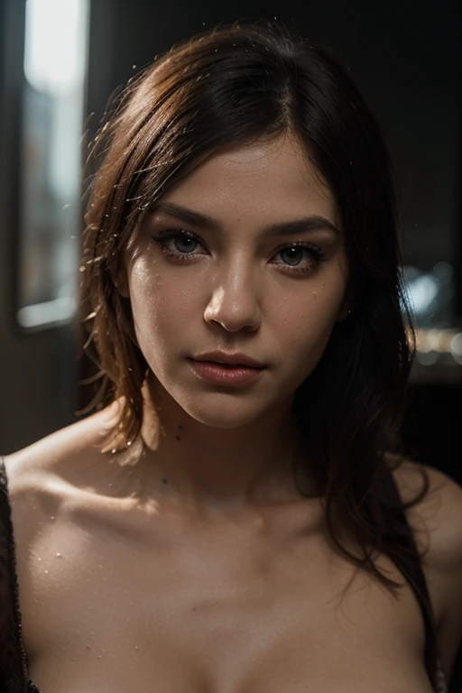 hyperréalisme, (photorealistic:1.2), (grain de film:1.3), chef-d'artwork, best quality, Perfect detail, cinema lighting, photo professionnelle, photo realistic, Photo brute, selfie visage en gros plan, Abella Danger, soutien gorge noir, prendre un selfie dans la cabine d'essayage .