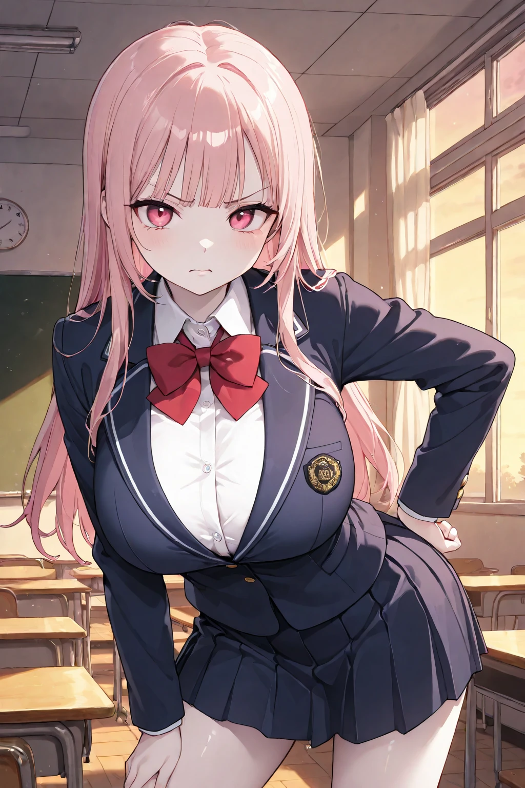 airisakura, airi sakura, blue eyes, glasses, long hair, pink hair, (low twintails:1.5),
BREAK glasses, advanced nurturing high school uniform, blazer, red blazer, bow, bowtie, collared shirt, jacket, long sleeves, pleated skirt, school uniform, shirt, shoes, skirt, white shirt, white skirt, white socks,
BREAK looking at viewer, full body, (cowboy shot:1.5),crossed arms,angry, pov,
BREAK indoors, classroom,
BREAK (masterpiece:1.2), best quality, high resolution, unity 8k wallpaper, (illustration:0.8), (beautiful detailed eyes:1.6), extremely detailed face, perfect lighting, extremely detailed CG, (perfect hands, perfect anatomy),
