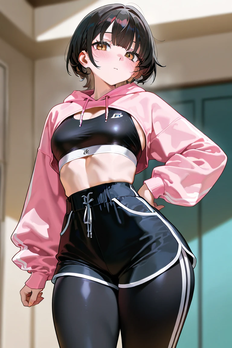 standing,alone,leaning against a wall with her back,work of art,short hair,work of art,face detailed,beautiful young fitness woman with , in a gym wearing May with black pantyhose, white and purple tight short gym jacket. standing alone,red eyes glowing,Evil smile,legging preto ,labiaa,dark eye shadow,shining eyes,a hand leaning against the wall,neckleace,jacket zipper half open,Tight black shirt,white sports tennis shoes,short hair with purple details,beautiful curves,whole body,hair with purple details,labiaa,detailed face and eyes,work of art,sexy look,pefil from sideways,from sideways,wind in your hair,fully body,glasses on eyes