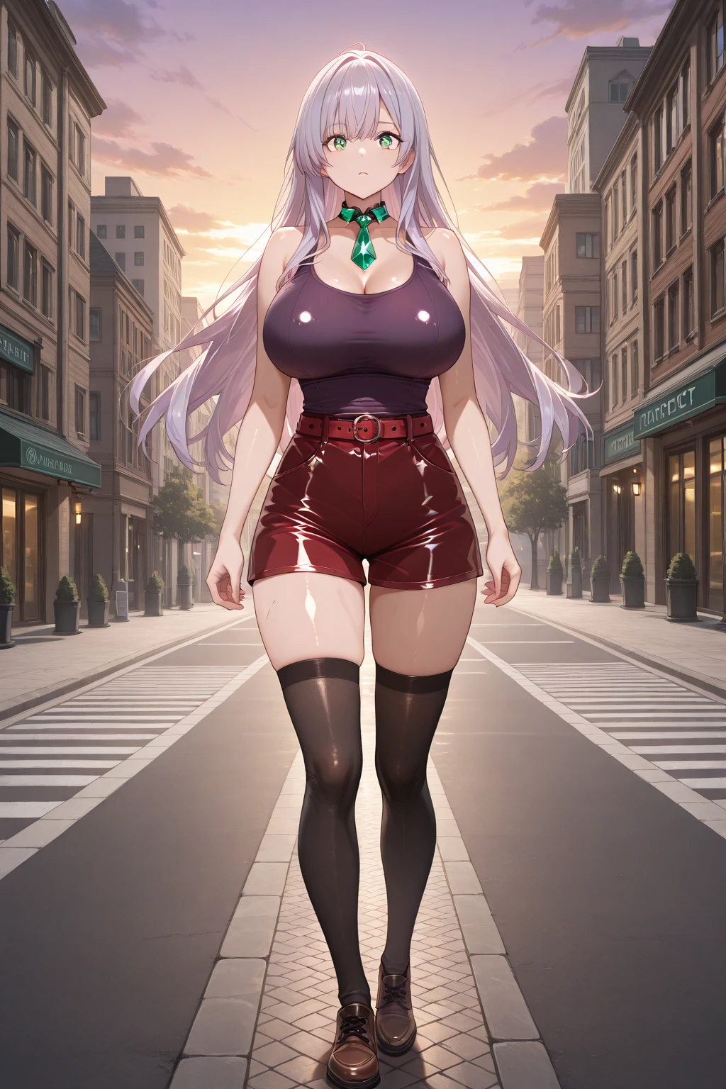(masterpiece, best quality, highly detailed), 1girls, big belly, huge belly, art by kipteitei, round belly, chubby, curvy, belly grab, enormous belly, fat belly, thicc, bigger belly, really big belly, jiggly belly, glasses, unzipped jacket, (no shirt), bra, thight shorts, high heels, smug face ((full body)), long hair, Flandre scarlet