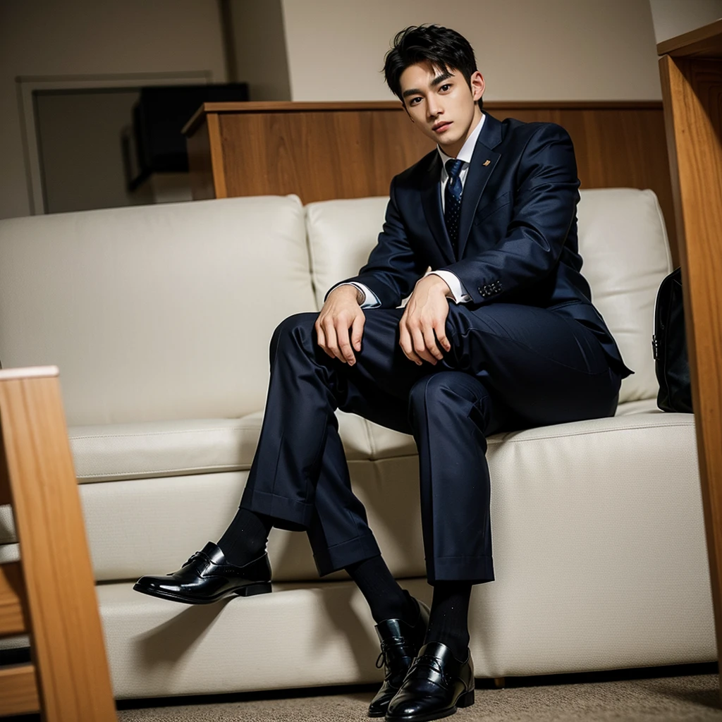 (japanese boy:1.4), 19-years-old boy, full body, looking up at viewer, ultra-detailed, high resolution, 1boy is crawling, half closed eyes, looking up at viewer, open half mouth, skinny, wet skin, afterglow, wearing business suit, on the couch, very wide shot, bottomless, bulge in the crotch