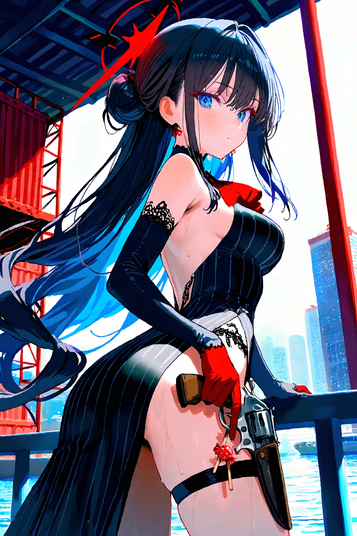 digital art of a woman in the rain with Tokyo Tower in the background anime style high quality