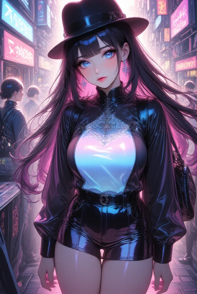 komi shouko, (komi shouko wearing a k/da all out ahri cosplay), ahri \(league of legends\), league of legends, 1girl, k/da (league of legends), animal ears, solo, fox ears, long hair, purple hair, hand on hip, purple eyes, idol, facial mark, looking at viewer, gloves, pink hair, fingerless gloves, whisker markings, large breasts, makeup, lips, skirt, hair ornament, perfect lighting, near a well-detailed black car, on a track in a large city at night (night scene:1.2), HDR, ultra resolution , very detailed, masterpiece, ultra quality, 4K HD