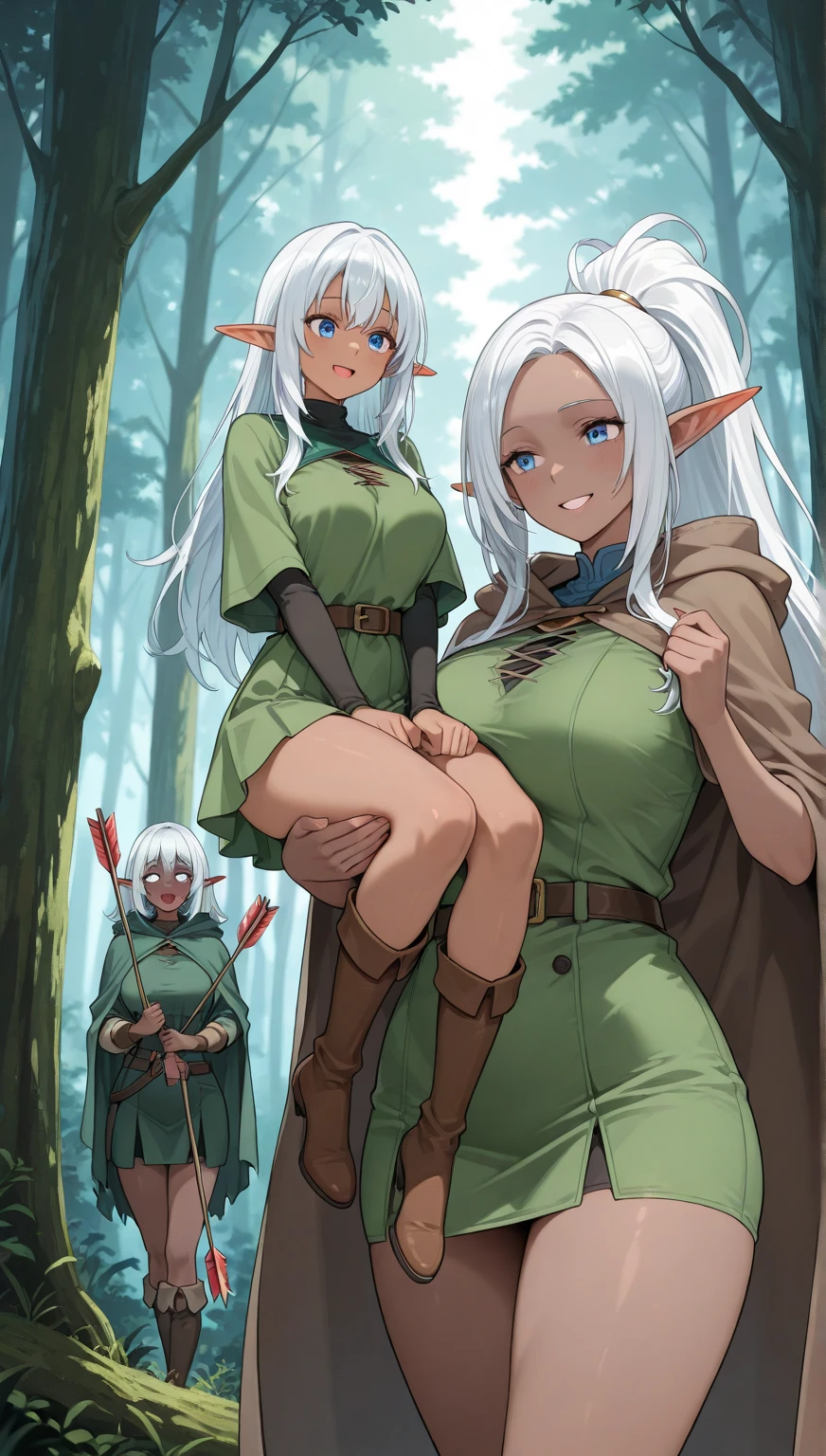 (((I want a solitary Elf Woman, Long white hair, serene green eyes, brown skin, mature body with full breasts and slim waist, wearing beautiful lingerie with pantyhose)))