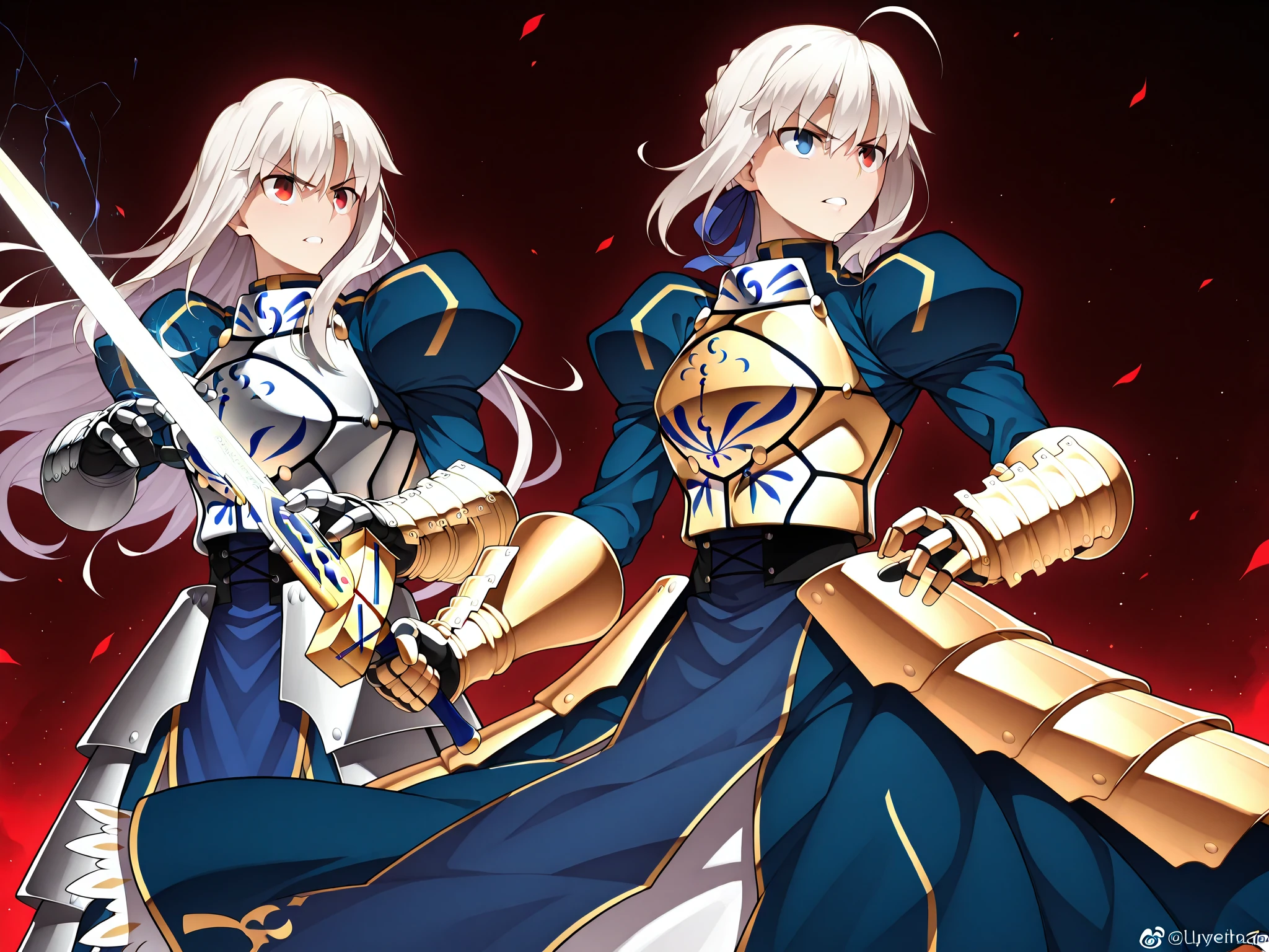 woman, blue eyes, long hair, white hair, mature, god eyes, diamond earings, glowing right eyes, two colors eyes, purple eyes, golden armor, injured, blood, dead, tears, glowing eyes, determination