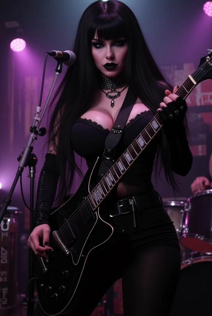 solo picture of a 1980s all female zombies heavy metal band, Solo, artgerm, solo sultry sensual undead voluptuous female goth rockstar with black long hair and purple highlights, Short black horns, large silicone breasts, oiled skin, Standing on a stage with a microphone in front of her,