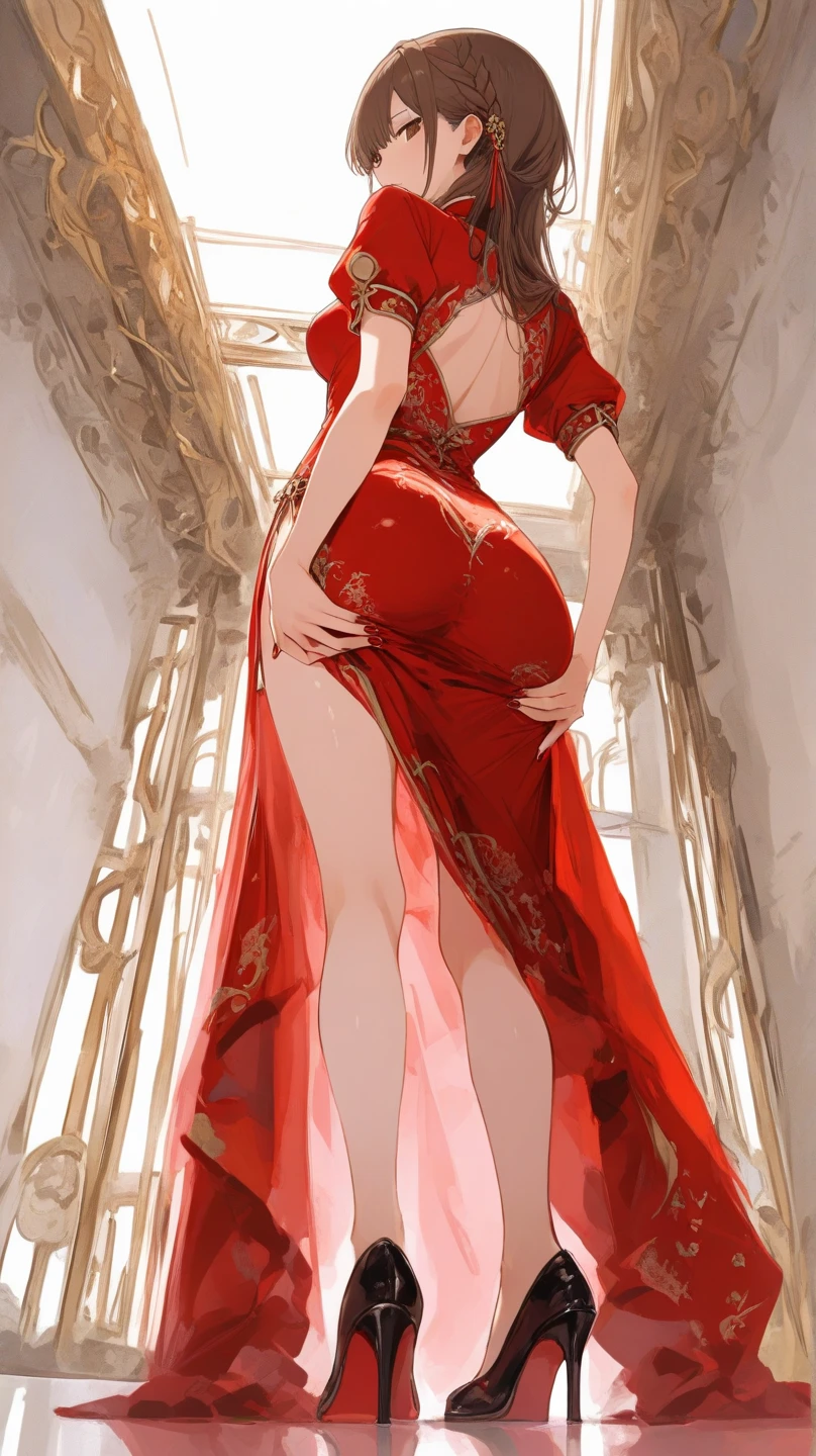 (masterpiece), best quality, expressive eyes, perfect face, 1girl, mature woman, light summer dress, red dress, from behind, huge ass, thighs, narrow waist, blonde hair, short hair, huge breasts, outdoors, full body