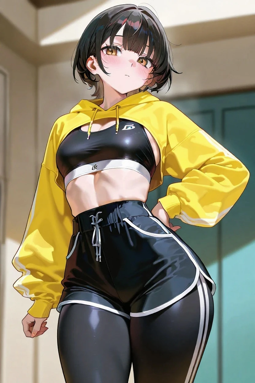 1 girl, two-tone hair, black on top, white on bottom 1 gilr, ,perfect anatomy girl muscular girl toned body girl large breasts girl thick girl angry girl best quality girl black hair girl yellow eyes girl pale girl pale girl,linda mulher morena, musculosa , usando short legging withe, meia calça preta, cabelo curto, belos olhos, olhos lindos, amarelos, camisa branca, jaqueta de couro preta, shorts, short legging white, cidade beco escuro pantyhose black, two-tone hair, black on top, white on bottom
