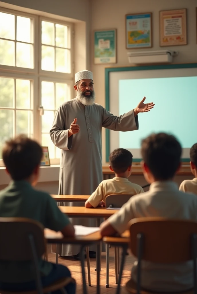 Photorealism:1.2) guru, lelaki, time, Muslim, facing sideways,teach, pointing to the blackboard, next to the blackboard, white, blank board, aesthetics fill the frame