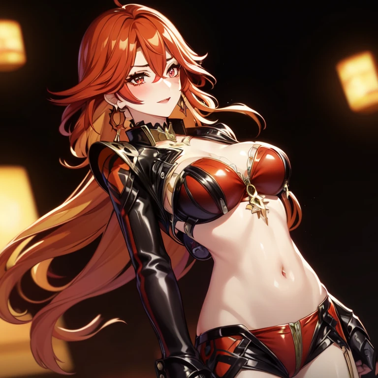((Masterpiece, Best Quality, detail face, detail eyes)), ((anime style))illustration, ultra-detailed 8K, realistic, clear focus, highly detailed, professional lighting, colorful details, rainbow colors BREAK factory super long shot, microchip, computer, luminescence, intricate details, shitu-mecha, 1girl 4 head body proportions in front of the audience, navel, red hair, orange eyes, red and red armour, ponytail, crazy, big boobs
