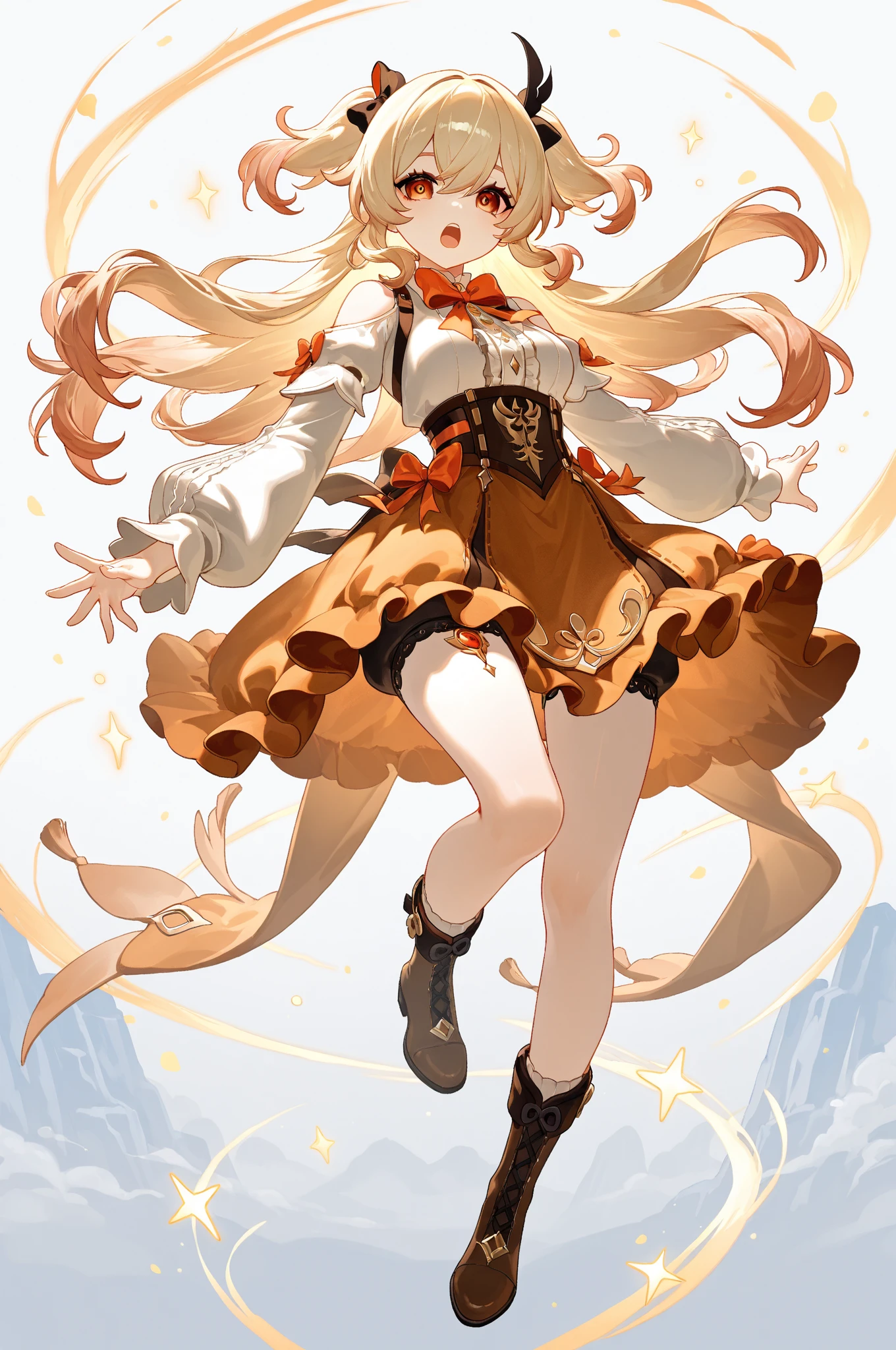 (masterpiece, Highest quality:1.2), Very detailed, Soft indirect lighting, Sharp focus, 4K, Break 1 Girl, , alone, jasmine \(Pokemon\), Princess Dress, White jacket, Round orange ribbon, Brown eyes,(Movie Posters:1.0,(Tarot Border:1.0),The portrait is centered,(Ethereal colorful ink flows:1.3),(Floating colorful wind:1.4),(Manny colorful butterfly:1.3),(Clouds:1.4),(Lens flare:1.3)