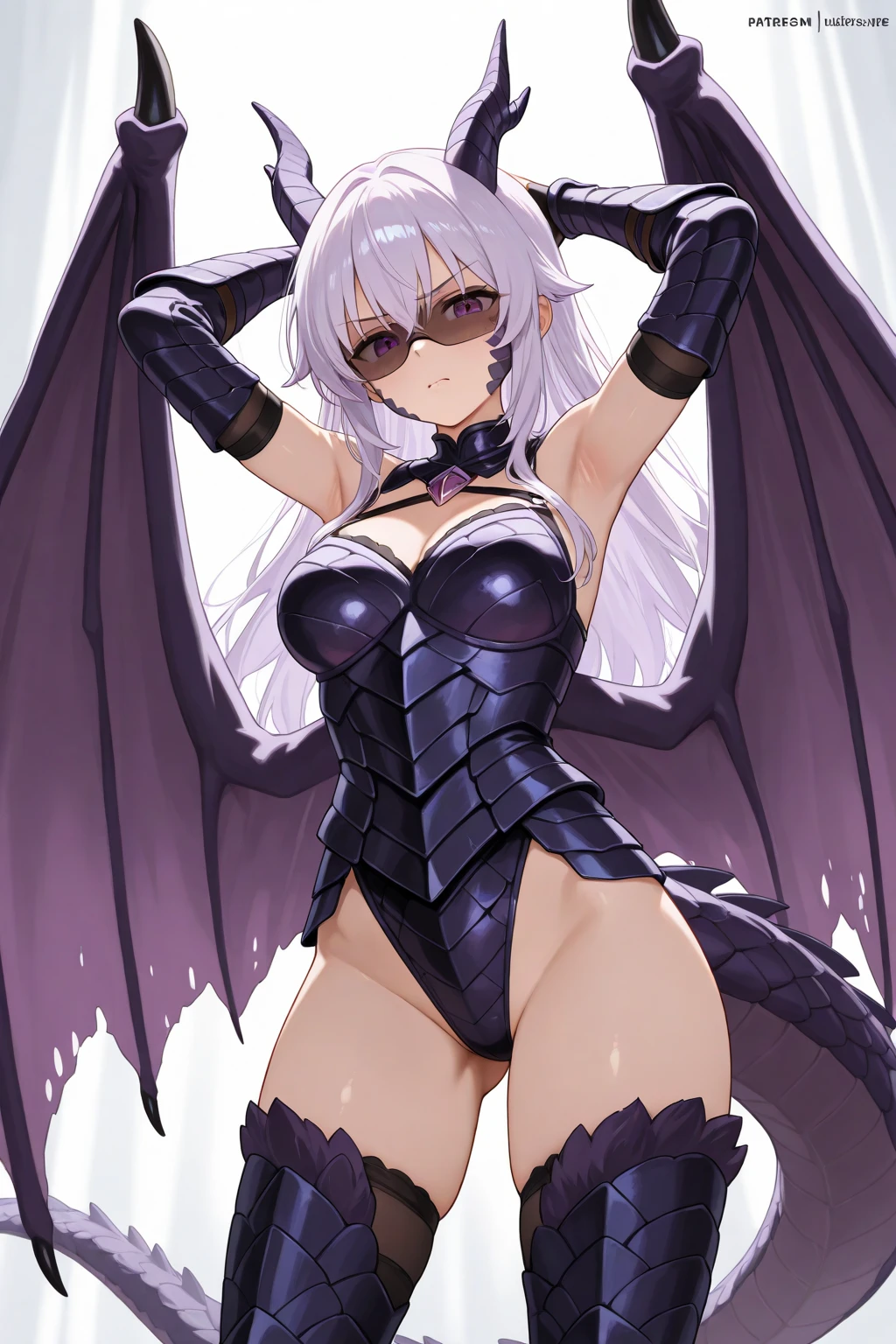 Anime Gargoyle woman. Gray stone skin, Long dark gray hair, pink eyes, long stone gray color claws, Giant stone gray color wings, long stone gray color tail, sharp teeth, lust smile, big gray horns on forehead, Castle background.