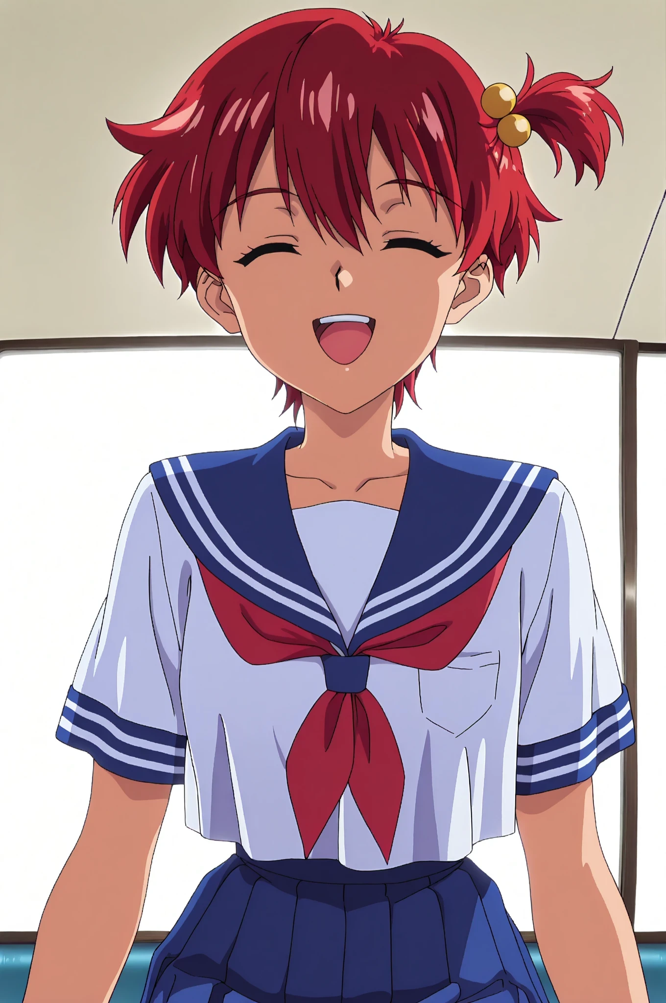 score_9,score_8_up,score_7_up,score_6_up,score_5_up,score_4_up,source_anime,(solo:1.15),(front light:1.8),
masterpiece,absurdres,highres,highest quality,hyper-detailed,32K,ultra-high resolution,an extremely delicate and beautiful,Official Art,perfect anatomy,intricate,100-layer,excellent, (Contrasting colors,octane rendering,Fully painted,anime coloring,anime screencap,Cel-shaded anime,1990s \(style\),retro artstyle,hi-vision anime:1.25), perfect face,ultradeTailed eyes,beautiful,sexy,supermodel,athletic body,shiny skin,Dramatic light,thigh,(curvy:1.1),(scale to fit the dimensions:1.2),
smile with closed eyes,smile,open mouth,white teeth,upper body,
yuta hibiki, blue eyes, red hair, short ponytail, side ponytail, sailor collar, crossdressing, school uniform, serafuku, skirt, pleated skirt, hair ornament, hair bobbles, blue skirt,