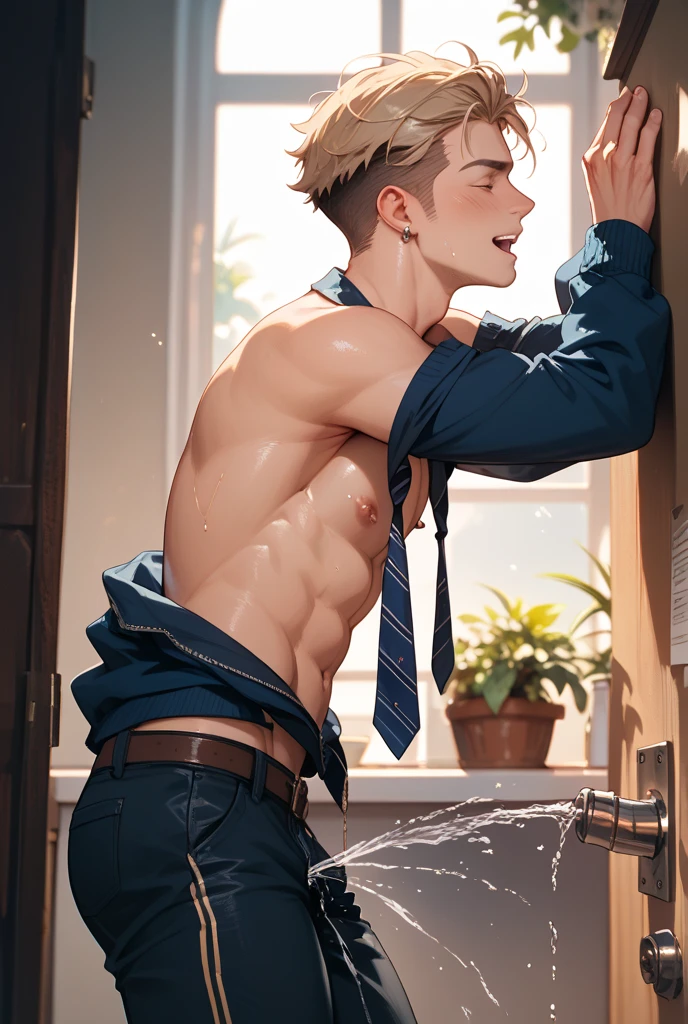 ultra-detailed, masterpiece, best quality, highres, extremely detailed, nsfw, (solo shoot:1.5), (1boy:1.5), man, (lean guy:1.5), short hair, work clothes, open shirt, bottomless, torn clothes, drunk, (restrained:1.5), shackles, gagged, (excessive cum on body:1.5), strobe lighting, spotlight,