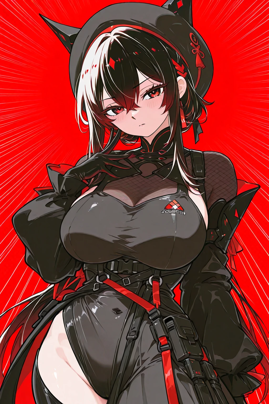 super fine illustration, white background, simple background, 1 girl, black hair,red eyes, short hair,hair over one eye, swimsuit, standing,large breasts