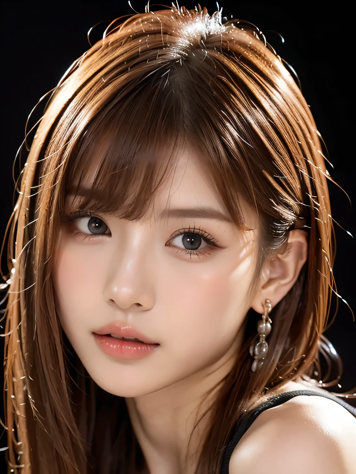 ((Best quality, 8k, Masterpiece :1.3)), Sharp focus :1.2, A pretty woman with perfect figure :1.4, Slender abs :1.2, ((Dark brown hair,  :1.2)), (Natural light, City street:1.1), Highly detailed face and skin texture, Detailed eyes, Double eyelid