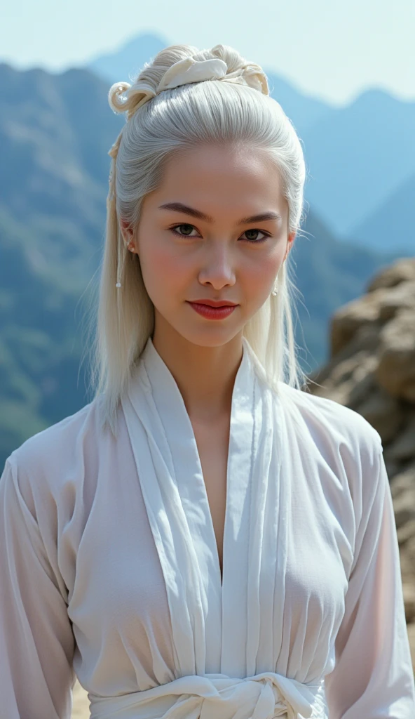Best quality, masterpiece, ultra high res, (photorealistic: 1.4), raw photo, asian girl, fully ????? with clear scarf, cinematic lighting, kiss poses, heterochromia, white hair, white hair, sitting on the mountain hill grass with flowers in day light, 4k, Sony a7,