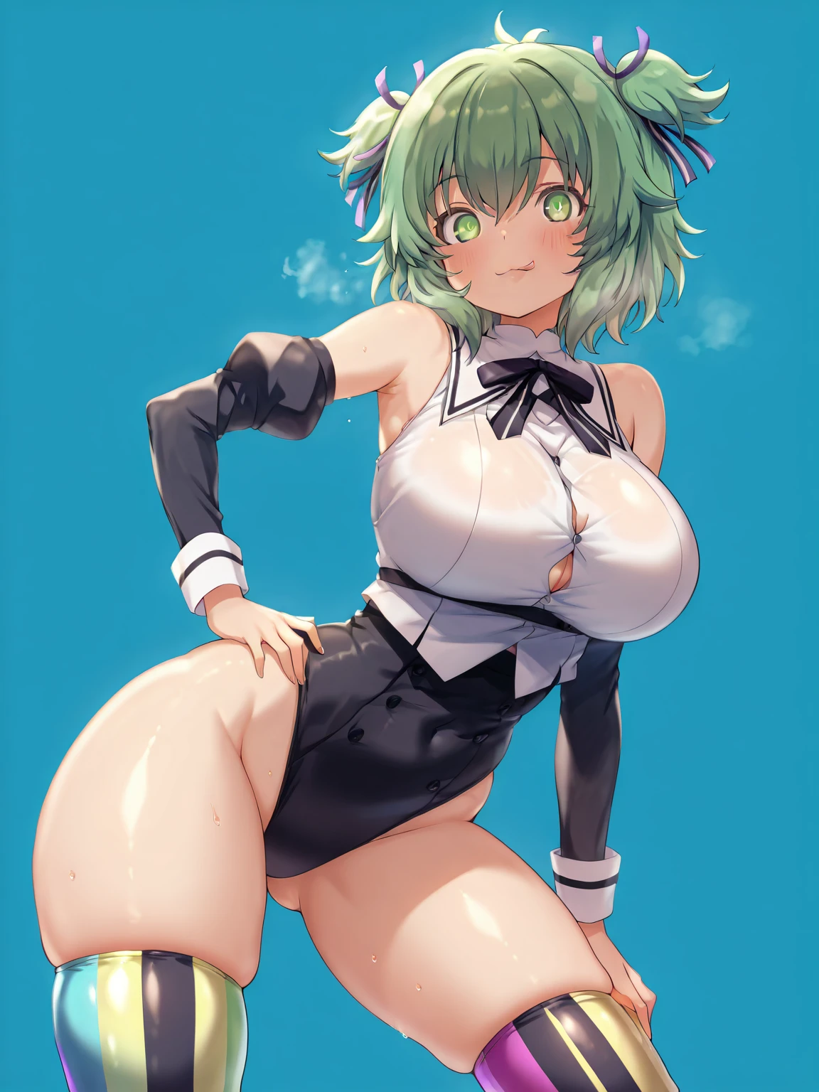 1 Beautiful Girl,(((three-quarter view:2.0))),(((From below:1.3))),(((Beautiful girl puts her hands behind her back, spreads her legs wide and thrusts her hips forward、Pee is gushing out from her pussy in a line far in front of her.:3.0))),(((Surrounded by many men in a sunny park and being watched.:2.0))),,dent in the skin,Realistic damp skin,(Mass sweat),Innocent little face,beautiful and delicate big blue eyes,(((Short green hair with short sides and back:2.0))),(((There is one large yellow bow tie shaped ribbon behind the head:2.0))),(Mouth open and tongue sticking out),(she wears a navy blue bow tie around her neck),(((Tight black leather long gloves:2.0),((Plump and plump body)),(((Tapuntapun's overflowing and rich big breasts:1.5))), (((very large pink areolas,:1.4))),(((she is wearing a white sleeveless shirt 2.0))), wide curved hips,thick thighs of whip whip, (((She is wearing black leather panties and light purple smooth pantyhose.:2.0))),(((short yellow skirt:2.0))),(Red high heels:1.1) ,Best Quality, hightquality,Masterpiece bright colors, High-definition illustrations,