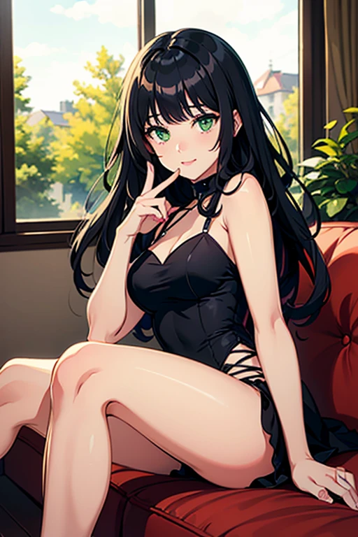 Black hair, brown eyes, large breasts, sexy, beautiful body, masterpiece, bedroom, green lingerie, green underwear, green bra, smile