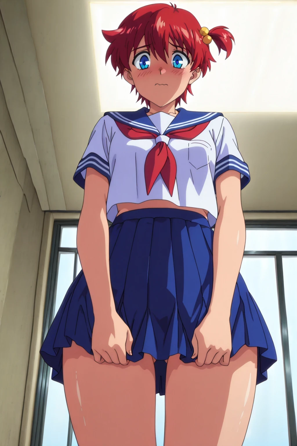 Suzuka, girl, medium hair, black hair, white seifuku shirt top, blue medium skirt, red armband, view from behind, pantyline, tight ass, Wallpaper, glancing back, skin tight,