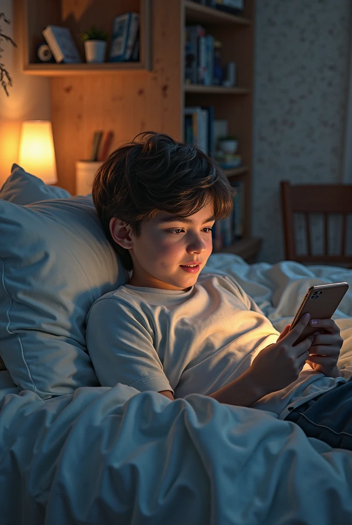 Un jeune garçon américain dans sa chambre couché sur sont lit entrain de jouer à des jeux sur sont téléphone, le décor de la Chambre est relation avec l'univers des jeux vidéo