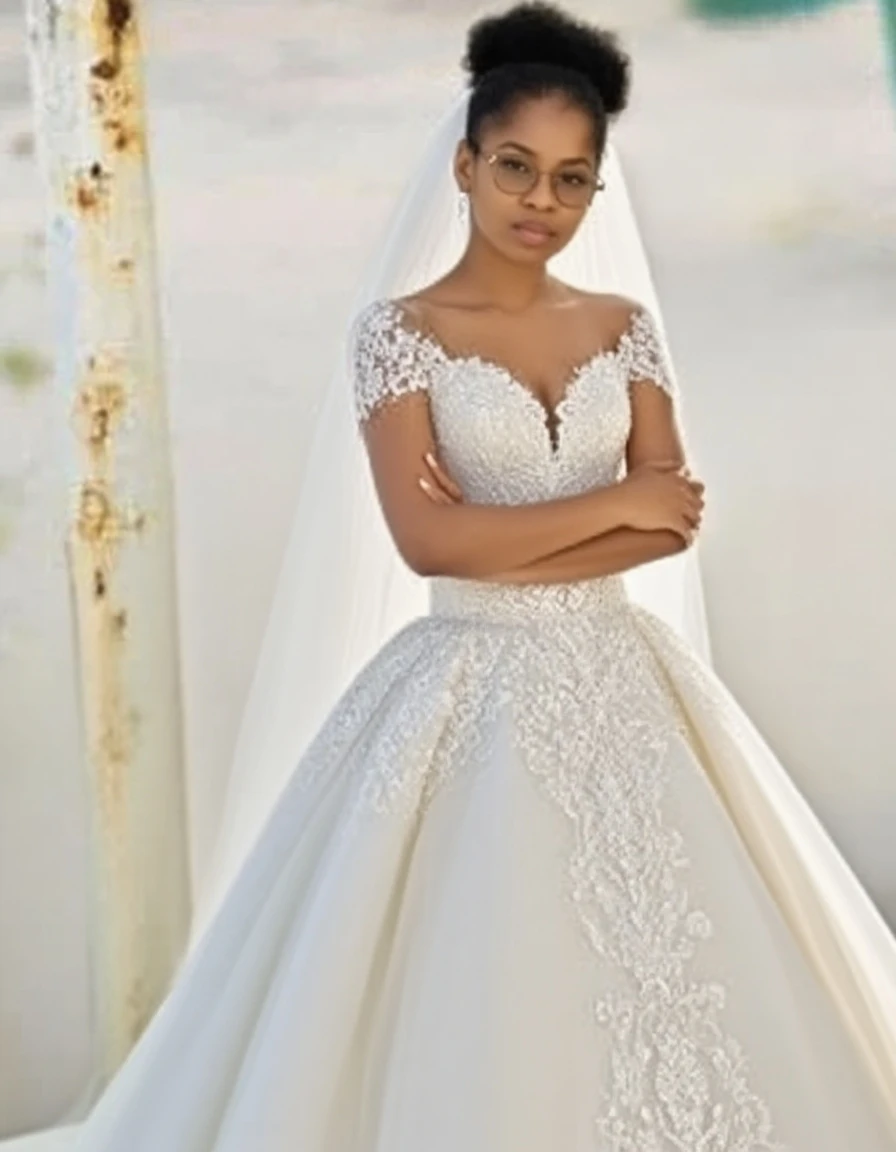 Kat Graham Is a stunning model, and in this image, she's dressed in a breathtaking Victorian-style wedding gown. The white satin bridal gown has a full, princess-style skirt and a long train that flows behind her. The intricate bodice is adorned with lace, diamonds, and a delicate bow at the waist. Her hair is styled in an elegant updo, complete with a sparkling tiara. She wears elbow-length opera gloves and diamond earrings and a necklace that complement the dress perfectly. The image is set against a majestic outdoor backdrop, with a serene landscape and soft lighting that highlights the beauty of the gown and the model.