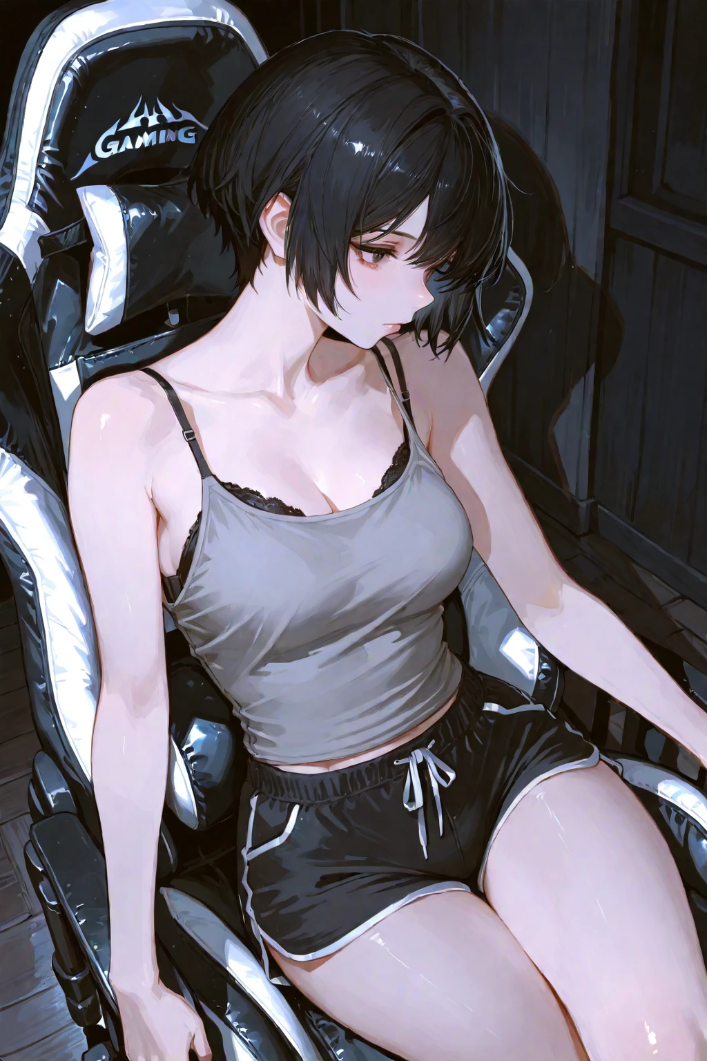 whole body, solo, alone, delicate facial features, medium tits, medium hair, black hair, tearful mole, earring, tank top shirt, cargo pants, shorts,
