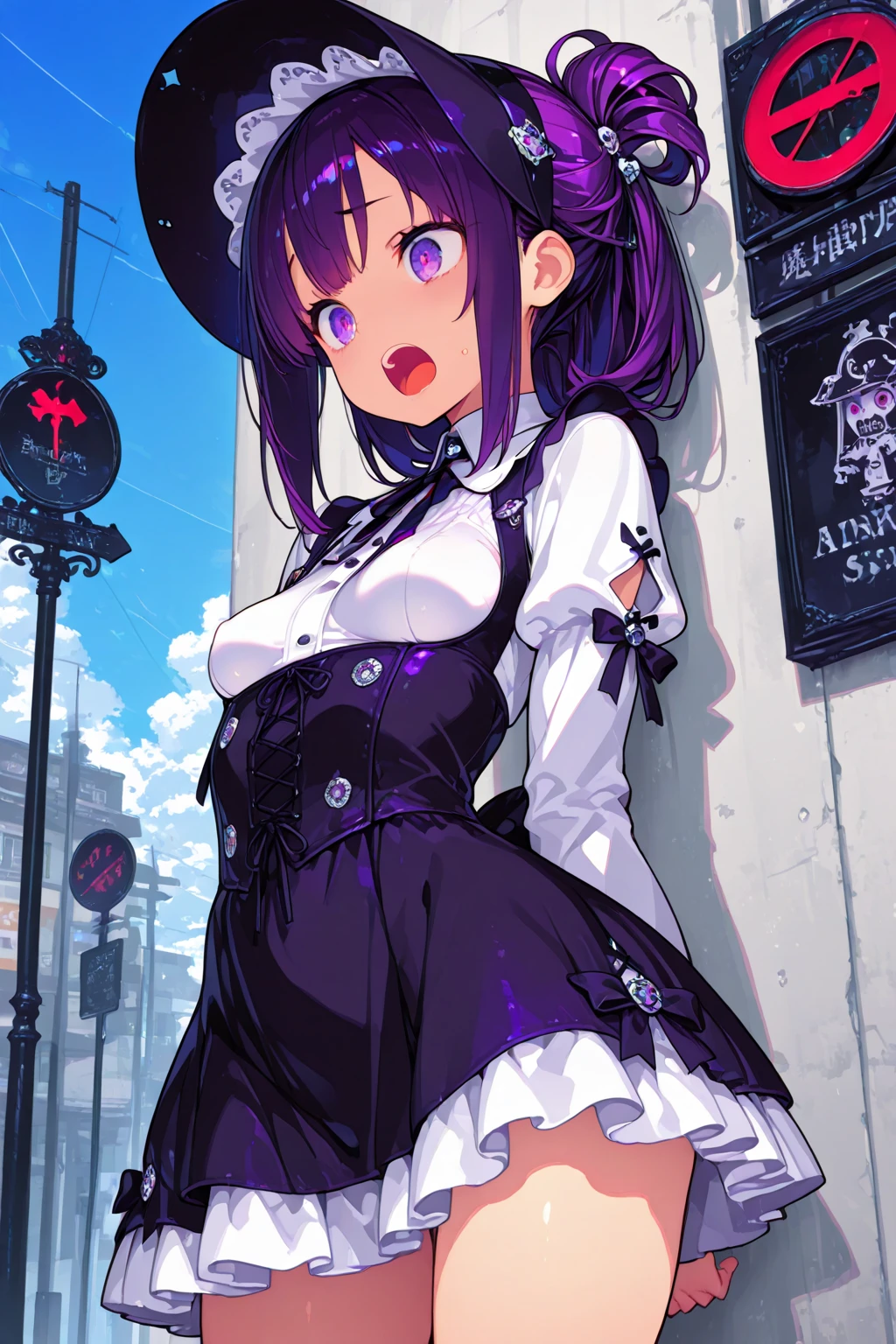 akaneshinjou, shinjou akane, Place your right hand on your waist,He has a magic wand in his left hand,light purple hair, (pink eyes:1.2), smiling short hair,witch hat,purple sleeveless dress,mini skirt,Gray pantyhose,short boots,
break outdoors, forest,
break looking at viewer, Upper body,whole body,　　　　　　　　　　break (masterpiece:1.2), highest quality, High resolution, unity 8k wallpaper, (figure:0.8), (detailed and beautiful eyes:1.6), highly detailed face, perfect lighting, Very detailed CG, (perfect hands, perfect anatomy),