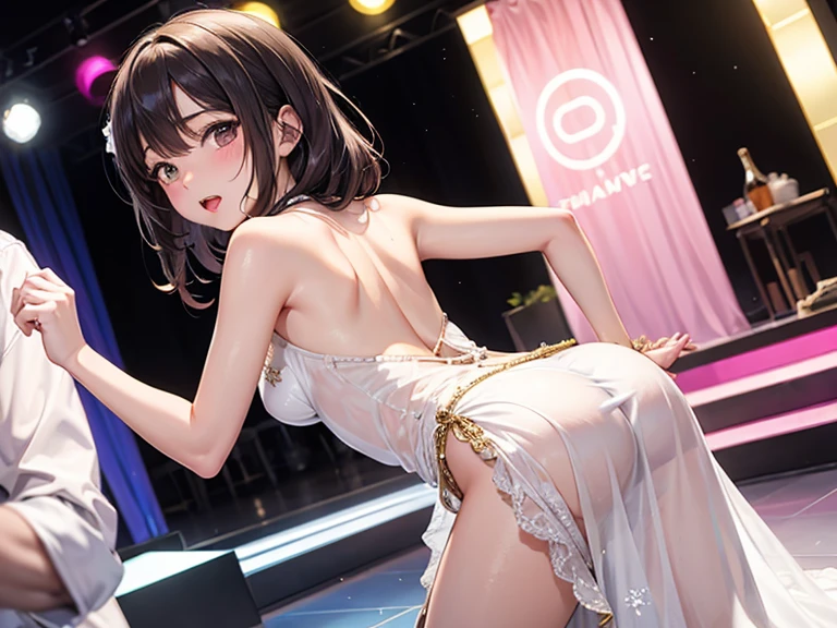 Beautiful Woman, dance naked, on a crowd of men, crying. Open pussy, Have a big pee. Open legs. Open vagina. Big tears. On a big stage, 4k. Sad face. Crying face. Always urinating. Big urine