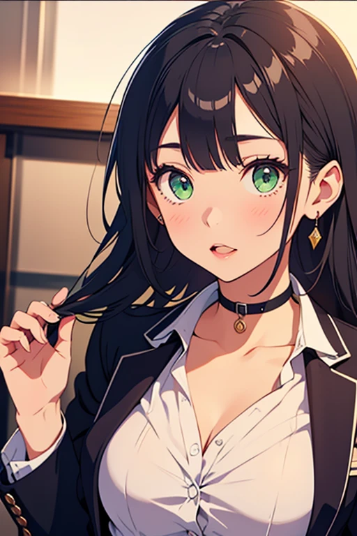 A pretty lady with hair wavy medium black hair and green eyes, giving a rich, toublemaker and bad girl vibe, looking at you with a smugly, school, modern era, close up, school hallway