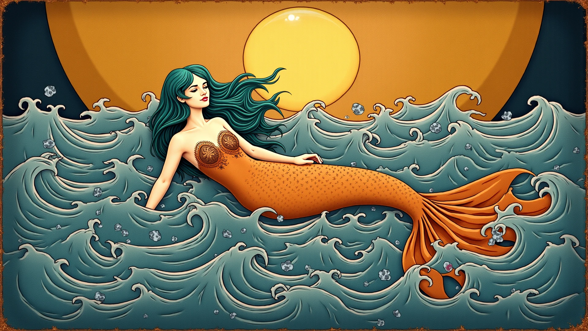 1Naked woman ,hairy vagina walking on top of the sea touching the moon,tan skin wearing red socks,taking full moon light bath! Black pubic hair, golden smilling  fishes jumping out of the water.