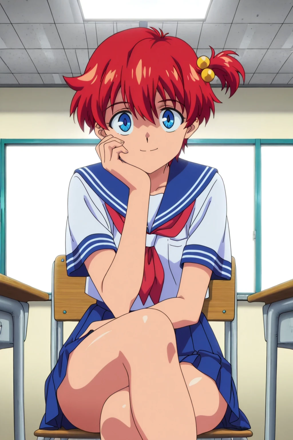 score_9,score_8_up,score_7_up,score_6_up,score_5_up,score_4_up,source_anime,(solo:1.15),(front light:1.8),
masterpiece,absurdres,highres,highest quality,hyper-detailed,32K,ultra-high resolution,an extremely delicate and beautiful,Official Art,perfect anatomy,intricate,100-layer,excellent, (Contrasting colors,octane rendering,Fully painted,anime coloring,anime screencap,Cel-shaded anime,1990s \(style\),retro artstyle,hi-vision anime:1.25), perfect face,ultradeTailed eyes,beautiful,sexy,supermodel,athletic body,shiny skin,Dramatic light,thigh,(curvy:1.1),(scale to fit the dimensions:1.2),
sitting on chair, school classroom, smile, looking at viewer, crossing legs, hand on own face,
yuta hibiki, blue eyes, red hair, short ponytail, side ponytail, sailor collar, crossdressing, school uniform, serafuku, skirt, pleated skirt, hair ornament, hair bobbles, blue skirt,