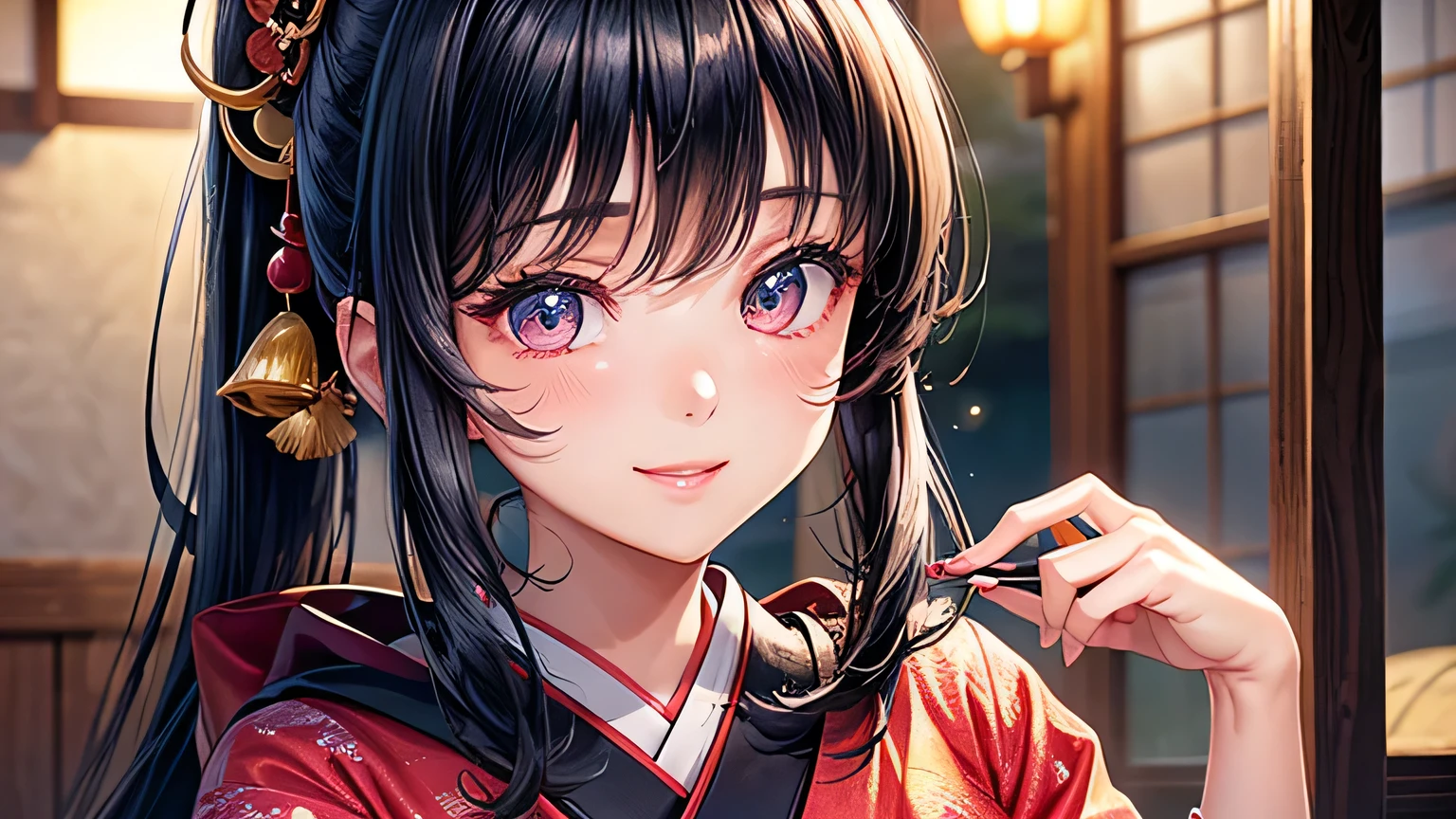 Beautiful Japanese women drawn in the highest quality manga。Her eyes are expressive、has a perfect face。She has the charm of a cute anime character.、wearing a beautiful Japanese kimono。The kimono has a dragon embroidered on it.、Features black and red colors。She has long black hair typical of a Japanese woman.、I have a ponytail hairstyle。Her single eyelid is attractive、Sexy look with hooded eye style、A deep set hairstyle。Her smile gives off a mysterious charm、She brightens up the situation in beautiful images。(((Close up of upper body)))