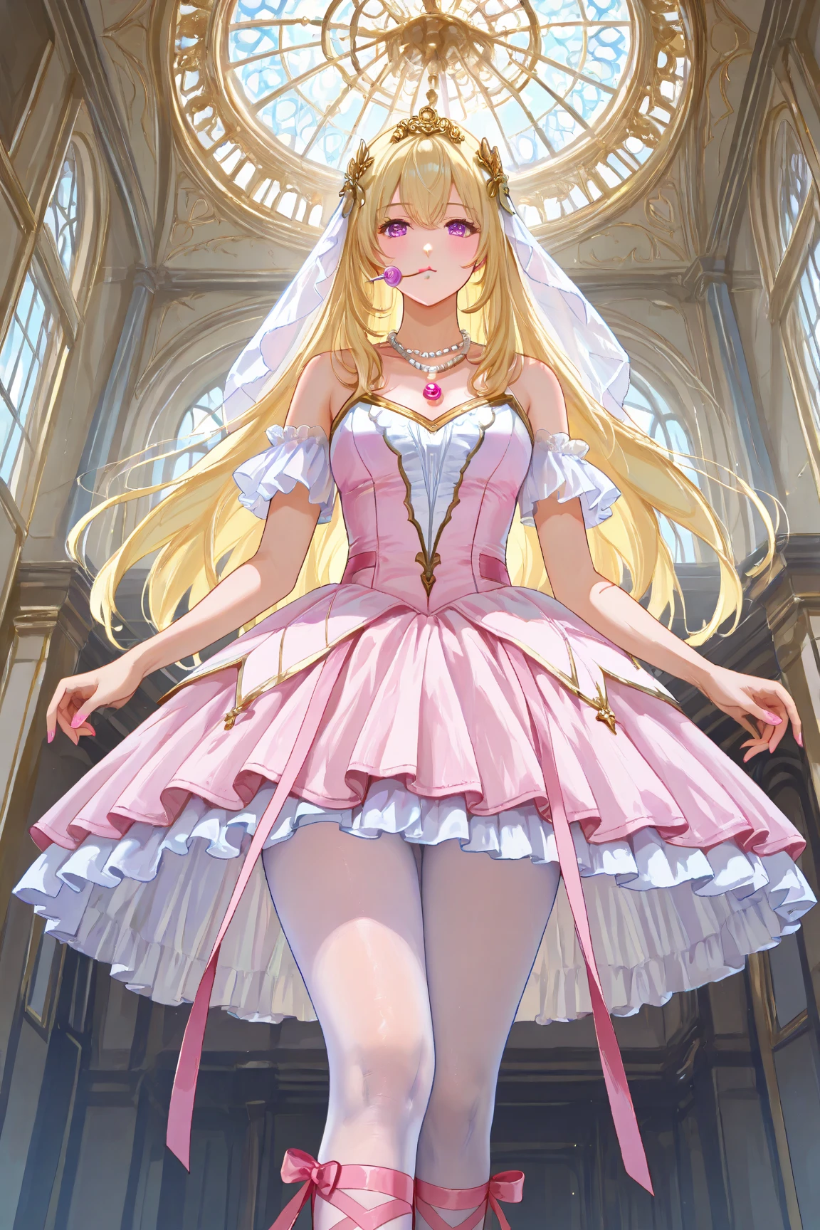 A slim blonde teenage girl with twintails and bell collar in a pink dress standing in an flower garden. She wears thigh high boots. She has a deep cleavage.