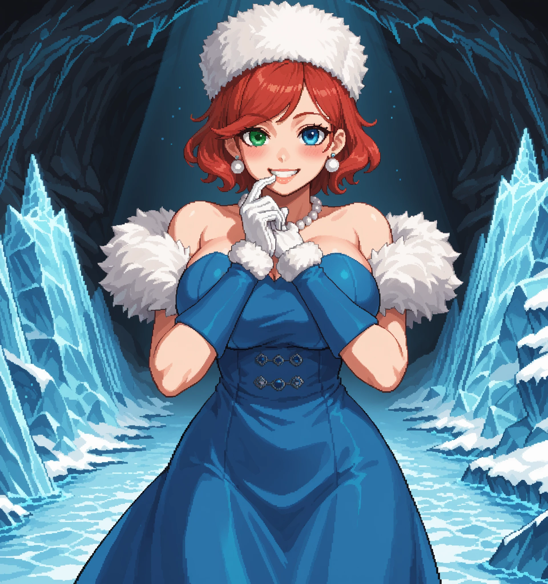 score_9, score_8_up, score_7_up, source_anime, 1girl, solo, pixel art, solo, redhead BREAK
Short hair, red hair, wavy hair, swept bangs, , heterochromia, left_green_eye, right_blue_eye, large breasts BREAK
edgwdc, winter clothes, gloves, hat, dress, bare shoulders, jewelry, earrings, white gloves, necklace, lips, fur hat, pearl necklace, wearing edgwdc, white gloves with fur around it BREAK
Looking at viewer, smile, blush, hand to mouth, ouju-sama pose, grin, cave interior, (ice cave) , ((blue Interior)) , (stalactite) ,
