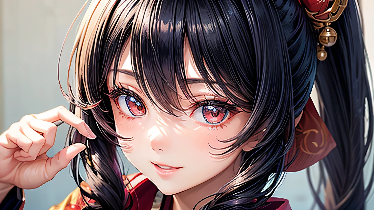 Beautiful Japanese women drawn in the highest quality manga。Her eyes are expressive、has a perfect face。She has the charm of a cute anime character.、wearing a beautiful Japanese kimono。The kimono has a dragon embroidered on it.、Features black and red colors。She has long black hair typical of a Japanese woman.、I have a ponytail hairstyle。Her single eyelid is attractive、Sexy look with hooded eye style、A deep set hairstyle。Her smile gives off a mysterious charm、She brightens up the situation in beautiful images。(((Close up of upper body)))